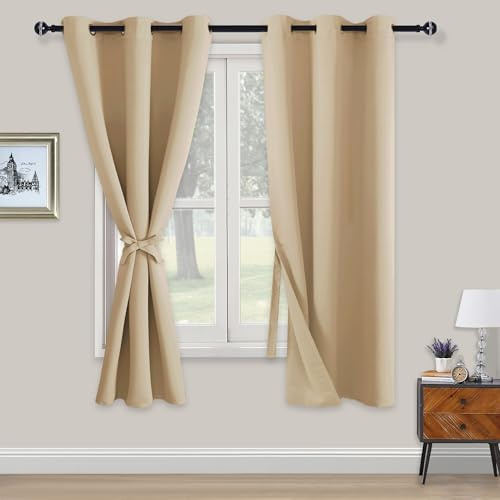 XWZO Blackout Curtains Shades Window Curtain Panels with Tiebacks- Noise Reduction and Thermal Insulated Eyelet Curtains for Bedroom,Living Room,Office,Study Room Beige W46xL72