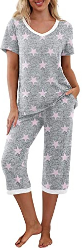 PrinStory Pyjamasset för kvinnor, sovkläder, lounge-kläder, kortärmad t-shirt, capribyxor, med fickor