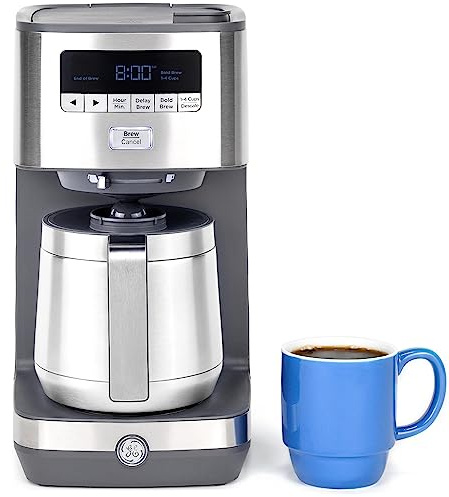 GE Drip Coffee Maker With Timer | 10-Cup Thermal Carafe Coffee Pot Keeps Coffee Warm for 2 Hours | Adjustable Brew Strength | Wide Shower Head for Maximum Flavor | Kitchen Essentials | Stainless Steel