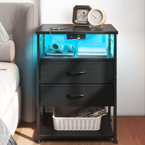 AODK Nightstand with Charging Station & LED Lights, 27.6 Tall Bedside Table with 4-Tier Storage, 2 Fabric Drawers & 2 Open Shelves, Space-Saving End Table for Bedroom, Black