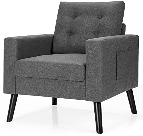RELAX4LIFE Polstersessel, Relaxsessel mit Rücken-& Sitzkissen, Einzelsofa mit Holzbeinen& 2 Seitentaschen, Wohnzimmerstuhl mit Sitztiefe von 53cm, für Wohnzimmer Schlafzimmer Büro, 81×67×86cm (Grau)