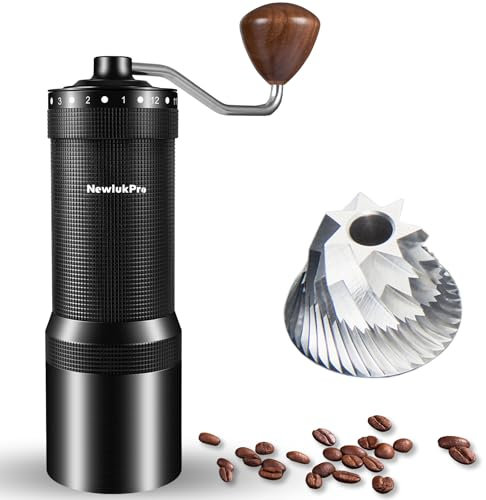 NewlukPro M7 Manuelle Kaffeemühle, scharfer heptagonaler Fräser, Walnuss-Griff, Kaffeemühle mit 48 Einstellungen, dreilagiger Kaffeemühle, kleine Kaffeemühle zum Übergießen von French Press Espresso
