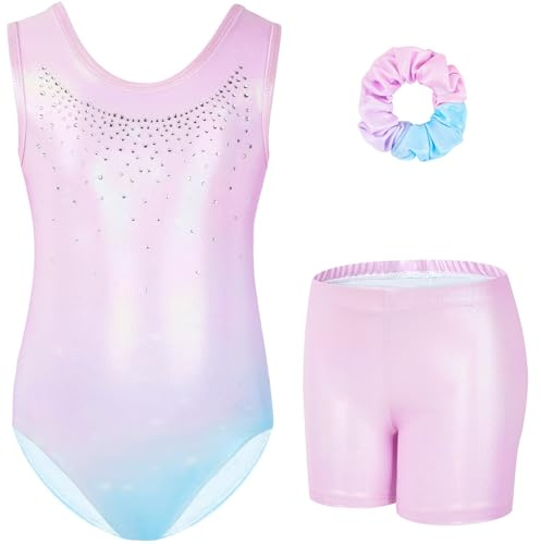 Gogokids Tredelade gymnastiktrikåer för flickor, set med ärmlös trikå, shorts och hårband, glittrande balettdräkter, dansdräkter, gymnastikdräkt med tonad färgdesign, för 3–12 år