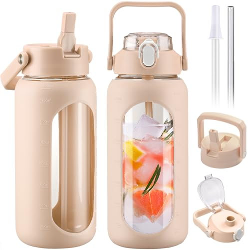 BLUEGO 2L Glass Water Bottles with 2 Lids Flip Lid and Spout Lid Half Gallon Water Bottle with Straw 2000ml Large Water Bottle with Time and Capacity Markers for Gym Home Office Leak-proof, Amber