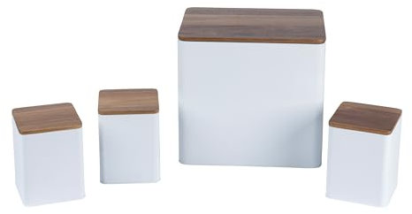Salter BW12900WEU7 Set da banco da 4 pezzi Toronto - Bin per pane, tè, zucchero, contenitori per caffè, contenitori per conservazione, finitura bianca verniciata a polvere, coperchi in legno Acacia