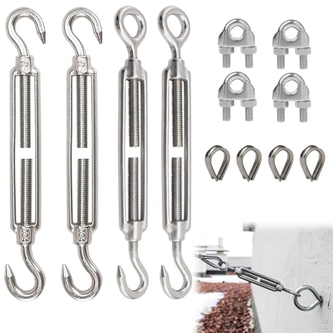 YIZWINS 4 Packs Tendeur Cable Inoxydable, Tendeur Cable Acier Inoxydable, Réglable Heavy Duty Tendeurs à Crochet et œillet M5 pour Corde Cable Fil à Linge avec 4 Pièce Serre Corde et Serre câbles en U