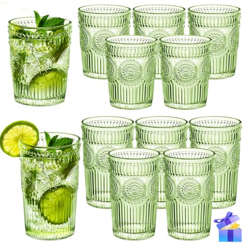 megarte Vintage dricksglas set – 12 st texturerade präglade glas 6 Highball-glas 35 ml och 6 stenar glas, 295 ml romantiska cocktailkoppar för isvatten juice te dryck kaffegrön