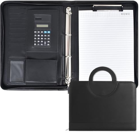Colexy Schreibmappe A4, Leder Konferenzmappe mit Taschenrechner, Wasserdicht Aktenmappe Dokumentenmappe mit Reißverschluss Ringbuch Klemmbrett Notizblock Portfolio für Business Meeting, Schwarz