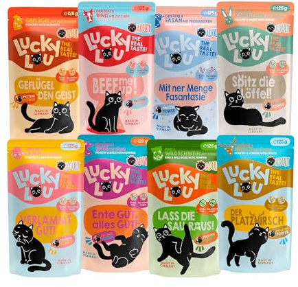 Lucky Lou Lifestage Adult Katzenfutter nass - hochwertiges Katzenfutter mit viel Protein - Nassfutter getreidefrei & ohne Zucker (125g (12er Pack), 8 Sorten Mix)