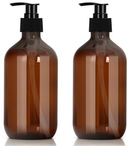 2 Packs Plastic Pump Bottle Dispenser 500ml(17oz), Refillable Soap Dispensers for Bathroom, Kitchen, Amber Shampoo Dispenser Shower Gel Dispenser, Empty Shampoo Bottles with Pump