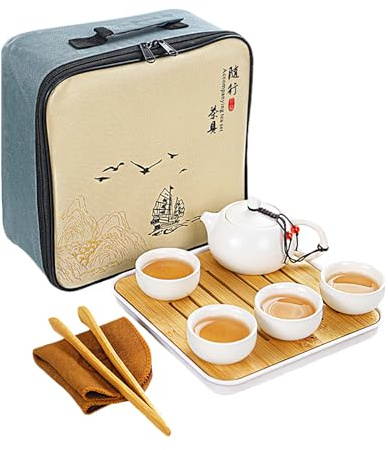 Servizio da Te Cinese, Set da The con Teiera e Tazze Ceramica, Set da Tè Kung Fu Tradizionale Portatile con 1 Teiera, 4 Tazze da Tè, 1 Vassoio da Tè e 1 Borsa da Viaggio (Bianco)