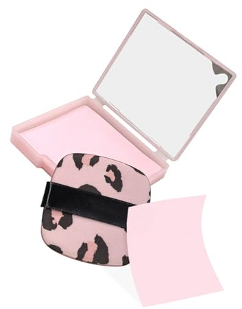BOROLA 3-in-1 Oil Blotting Paper Set for Face Oil Absorbing Sheet with Portable Mirror & Adhesive Makeup Puff, Blotting Paper for Oily Skin, Design for Men & Women(100 Sheets, Pink Leopard Print)