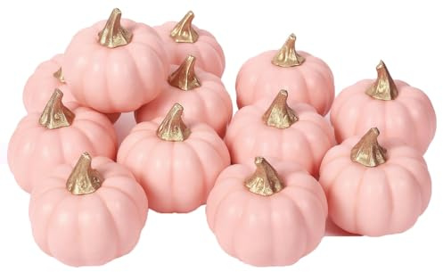 YEASQGS Pink Pumpkins Autumn Decorations, 12 Pcs Mini Small Fake Pumpkin for Fall Harvest Halloween Thanksgiving Faux Artificial Pumpkins Home Table Decor (Pink, 8cm/3.1in)