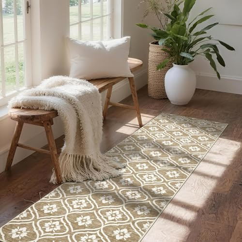 Puremy Teppich 80X150cm, Waschbarer Läufer, Vintage-Marokkanisches Muster Bettvorleger Schlafzimmer, rutschfest, Für Flur, KüChe, Landhausstil, Waschküche, Badezimmer, Eingang, Beige