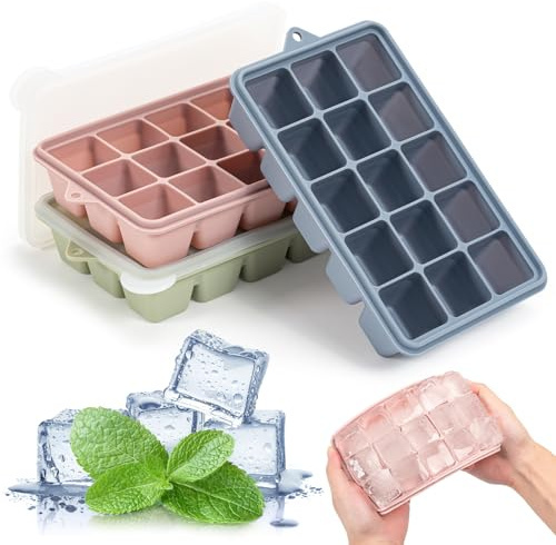 Paquete de 3 bandejas de silicona para cubitos de hielo, 15 bandejas de hielo cuadradas con tapa, moldes de cubitos de hielo de fácil liberación para cóctel, whisky, comida para bebés, chocolate