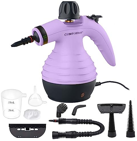 Comforday Limpiador de vapor prensado manual multiuso con accesorios de 9 piezas, perfecto para eliminar manchas, cortinas, asientos de coche, suelos, baño, limpieza de ventanas (morado)