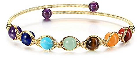 CrystalTears Chakra Armband 14K Gold Wire offene Armreif mit 7 Chakren Edelsteine Armschmuck Reiki Talisman spirituelle Geschenke für Mama