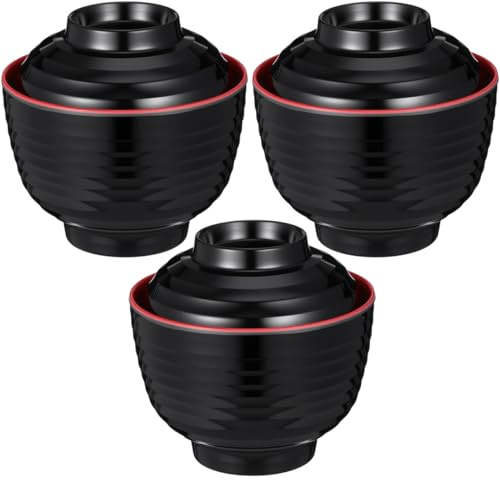 Cabilock 3Sets Miso Soup Bowl with Lid, Traditional Japanese Style Melamines Soup Bowl, Rice Bowls Ramen Bowl for Noodle, Salad, Snack, Nuts, Soup