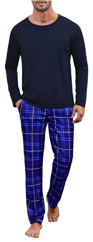 Ensemble de Nuit Homme Uniexcosm Pyjama Coton Long Hiver Carreaux Col Ronde Manches Longues avec Poches Latérales B-Bleu Marine
