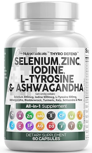 Clean Nutra Selenium 300mcg Iodine 500mcg Thyroid Support for Women & Men | L Tyrosine 500mg Ashwagandha Supplement Bladderwrack, Turmeric, Kelp, Schisandra Zinc Pills Capsule Supplements