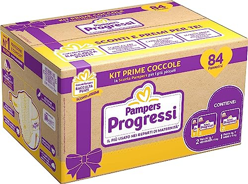 Pampers Progressi Taglia 1 e 2, Primi Giorni, Morbidi e Traspiranti, con Indicatore di Bagnato, Protezione Delicata per Neonati, Kit Prime Coccole, Idea Regalo Neo Mamma, 84 Pannolini Neonato