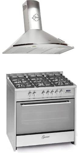 GURARI Gas-Standherd GCH G 910 X +GCH 462 IS 9 Prime Dunstabzugshaube 90 cm, Edelstahl Schwarz Glas,1000m³/h, Gas Standherd 90 cm/Range Coocker / 111L / 5 Hochwertige Brenner