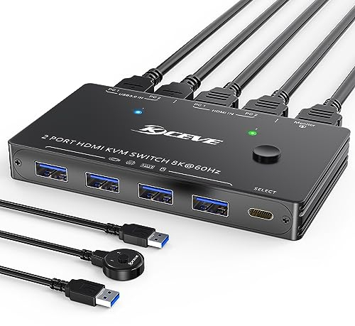 ESKEVE HDMI 2.1 KVM Switch 2 PC 1 Monitore 8K@60Hz 4K@120Hz Zur gemeinsamen Nutzung eines Monitore und 3 USB-3.0-Anschlüsse mit 2 USB-3.0-Kabel-Netzadaptern und Kabelsteuerung