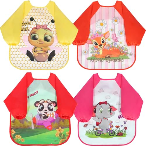 FIFTYSEVENFACES Bavaglini con Maniche 4 Pezzi, Bavaglino Impermeabile per Svezzamento, Grembiule Pappa Bambini per Mangiare, Giocare e Colorare, 6 Mesi-3 Anni, Lavabile