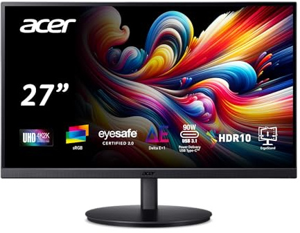 acer 27 Inch 4k IPS Monitor for Home, Office & Creators | 99% sRGB Color Accuracy | 90w USB-C Port Charges and Connects | Adjustable Height, Tilt, Swivel, Pivot | USB-C, DP & HDMI | CB272K