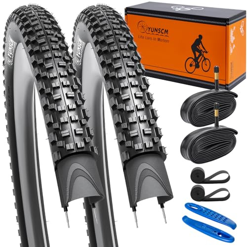 YunSCM 29inch 120TPI Lightweight Bike Tyres 29x2.25 57-622 Anti-puncture Folding Tyres and 29'' Tubes AV48mm Schrader Valve, Compatible 29x2.20 29 x 2.25 29 x 2.30 MTB Racing Bike Bicycle Tyre| 2-PCS