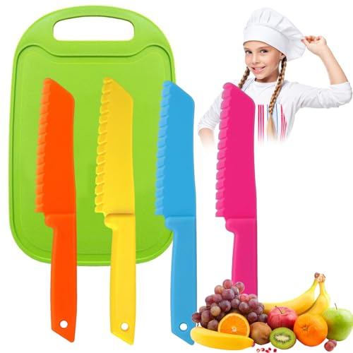 LINXINS 5pcs Kids Kitchen Knife Set, 4-Piece Toddler Knife with Chopping Board,Kids Kitchen Knife Set - Serrated Edges and Firm Grip for Cutting Salad Strawberry Vegetables