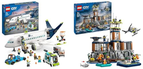 LEGO City Passagierflugzeug Spielzeug-Set, großes Flugzeug-Modell & City Polizeistation auf der Gefängnisinsel, Polizei-Spielzeug mit Hubschrauber