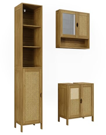 Vicco Badmöbel-Set Liora, Bambus, 48 cm, besteht aus Waschbeckenunterschrank, Spiegelschrank und Hochschrank