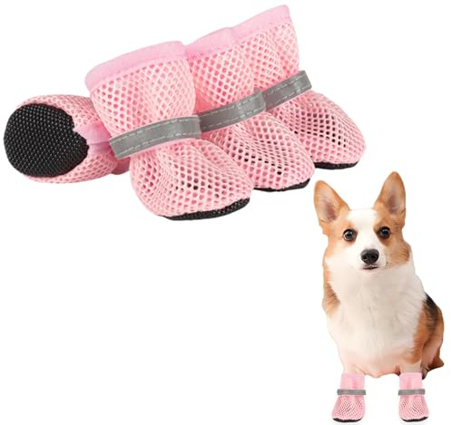 Zapatos de malla de verano para perros, 4 unidades, transpirables, antideslizantes, para suelos calientes de verano, botas ajustables para perros pequeños (rosa, S)