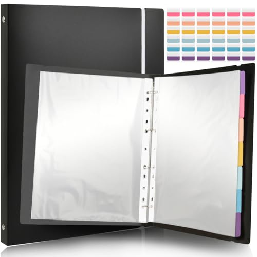 DODUOS A4 Display Folder 4 Ring, Black A4 Presentation Folder with Plastic Pockets 50pcs and 6 Colorful PP Divider Pages, 4 Ring Binder Folders for Documents Certificates, Receipts