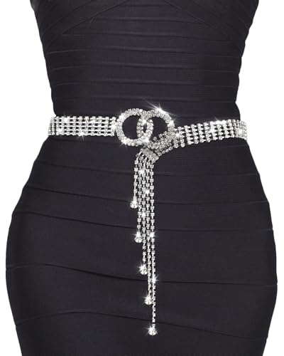 DIPZO Ceinture chaîne argentée avec strass pour femmes, Ceinture taille ajustable scintillante pour robes, mariages, fêtes ou événements élégants