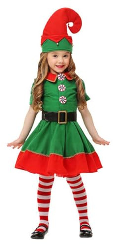 Generico Costume Elfo Bambini, Completo Di Natale Ragazze, Costume da Elfo Cosplay Con Gonna Cintura Cappello Calze, Abiti Festa Completo Natale Bambini Ragazza
