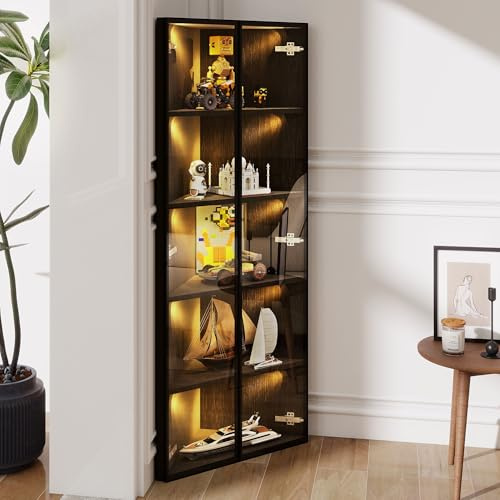 kowdom Vitrine d'angle LED 62 x 35 x 160 cm - Vitrine en verre noire avec fermeture douce - Vitrine de collection pour figurines et modèles - Armoire d'angle avec cadre en aluminium - Armoire de