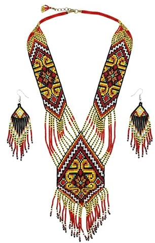 WORLD WIDE GEMS Collier Gerdan ukrainien folklorique à rosette avec boucles d'oreilles assorties, perles de rocaille, bijoux traditionnels multicolores faits main, bijoux ukrainiens |WW_UKRN_0208