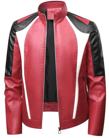 Chaqueta de piel casual para hombre, ideal para uso diario, ideal para montar al aire libre, corte delgado, elegante, bicolor, ideal para otoño e invierno, rojo, L