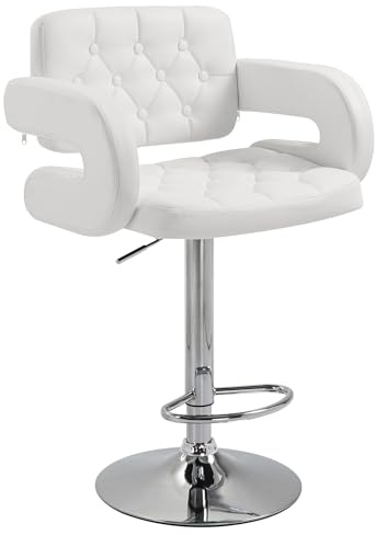 HOMCOM Sgabello Bar con Altezza Regolabile, Sgabello Cucina Alto in PU con Schienale, Poggiapiedi, Braccioli e Seduta Morbida, Struttura in Acciaio, Girevoli a 360°, per Penisola, Bianco
