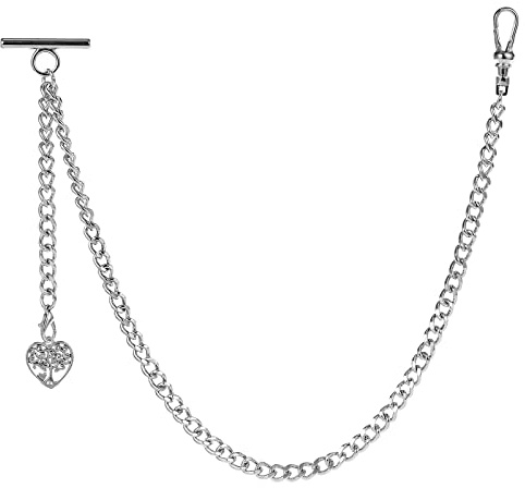 ZTA Albert Chaîne de montre de poche avec pendentif en forme de cœur en forme d'arbre de vie avec fermoir pivotant en T, Argenté.