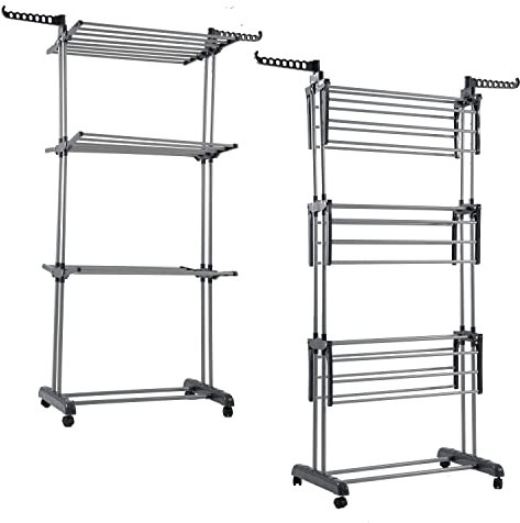 AMOS 4-Tier Foldable Clothes Drying Rack with Wheels, Adjustable Rack with Foldable Wings Large Capacity Laundry Airer for Indoor & Outdoor Use, Sturdy & Space-Saving Design (Grey) with shoe rack