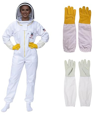 American Bee Cotton Beekeeping Suit, Full Body Beekeepers Protective Gear with Fencing Veil Hood, Elastic Cuffs & Breathable Fabric, With Two Pairs of Gloves (XL)