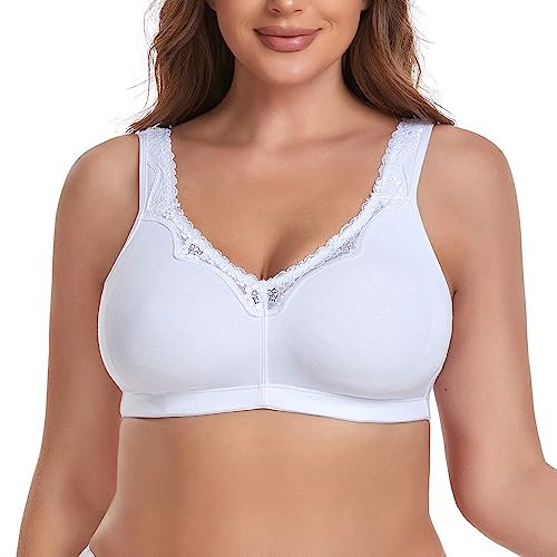 Ayigedu Women's Wireless Plus Size Lace Comfort Cotton Bra Full Coverage Unlined Minimizer Bra 38F White