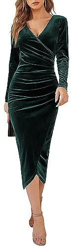 Joligiao Mujeres Cuello en V Manga Larga Vestido de Cóctel Vintage Vestido de Fiesta Largo Vestido de Fiesta de Terciopelo de Talle Alto con Pliegues Elegante Vestido de Noche