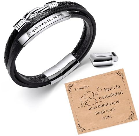 SUNSH Pulsera Hombres Ilimitado Nudo Grabado de Acero Inoxidable Trenzado Pulsera de Cuero Para El Novio Marido Día de San Valentín Hombre Cumpleaños Regalo Pareja Hombres-Pareja
