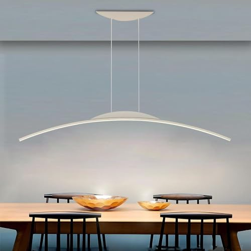 SHREALMS Lámpara Colgante LED de Arco Moderno | Accesorio de iluminación de suspensión de Mesa de Comedor Lineal Regulable con Control Remoto | Lámpara de araña para Isla de Cocina (L120cm,Blanco)
