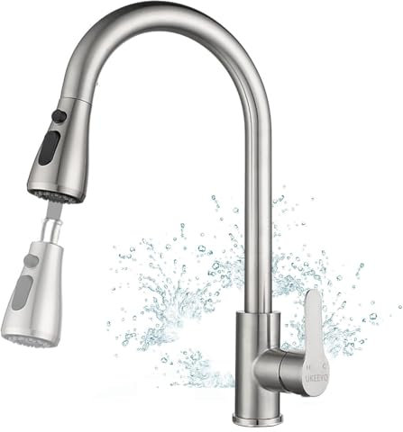 Wasserhahn Küche, Hochdruck Küchenarmatur mit Herausziehbarer Brause Ausziehbar Armatur, Mischbatterie Küche Spültischarmatur Brause 3 Modus, Edelstahl
