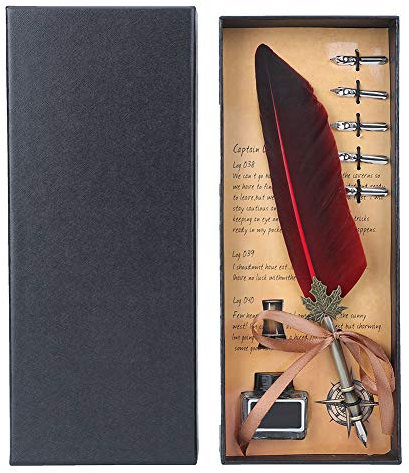 Kuuleyn Federstift und Tintenset, Kalligraphie-Füllfederhalter und Tintenset, Vintage-Federbrunnen-Schreibstift, Federkiel, Heimdekoration mit Geschenkbox (5 Farben) (Red)